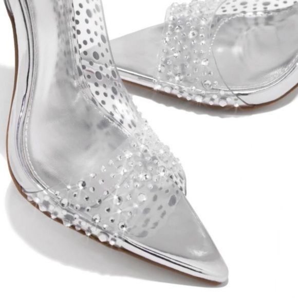 !! NEW !! Transparent Slingback Peep Toe Embellished Heels in Silver - Picture 4 of 6
